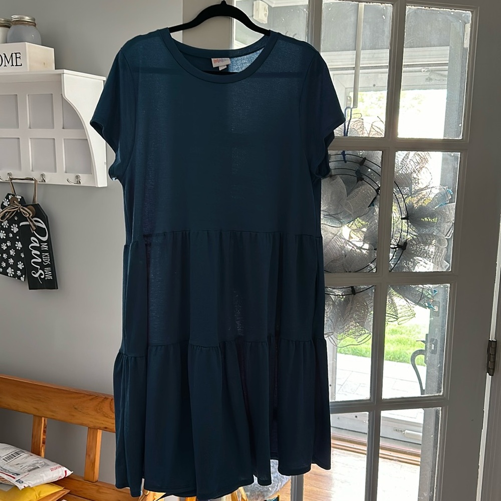 Worn once Lularoe  or flower blue tiered knees length dress size L runs big